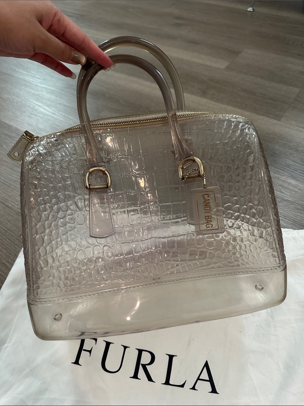 Furla Transparent Taupe Croc-Embossed PVC Satchel plastic vinyl clear bag